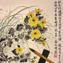 Load image into Gallery viewer, Yellow Chrysanthemums by the Pond - Chinese Ink Painting on Paper, Original