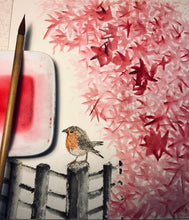 Load image into Gallery viewer, Robin in Autumn, 紅葉舞秋風 - Chinese Painting on Unprocessed Rice Paper, Original