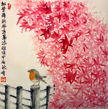 Load image into Gallery viewer, Robin in Autumn, 紅葉舞秋風 - Chinese Painting on Unprocessed Rice Paper, Original