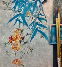Load image into Gallery viewer, Blue Bamboo 1 with Summer Jazz Trumpet Flowers, 藍竹系列之一凌霄花, Chinese Painting, Original