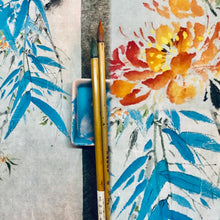 Load image into Gallery viewer, Blue Bamboo 1 with Summer Jazz Trumpet Flowers, 藍竹系列之一凌霄花, Chinese Painting, Original