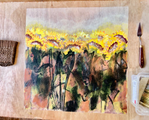 That Summer-Sunflower memories, Chinese Contemporary Painting on Xuan Rice Paper, Painted in Brighton UK