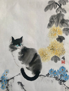 Neighbour's fluffy Cat, 水墨貓咪 Chinese Ink & Pigments on Single unsized Xuan Paper, Original
