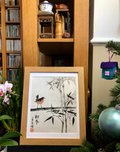 Load image into Gallery viewer, Cute Robin, Bamboo &amp; Moonlight, 知更鳥, Chinese Ink Painting, Original, Framed
