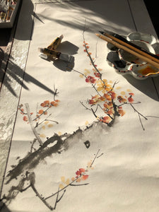 Winter Plum Blossom 寒梅，Chinese Painting & Calligraphy on Silk Scroll